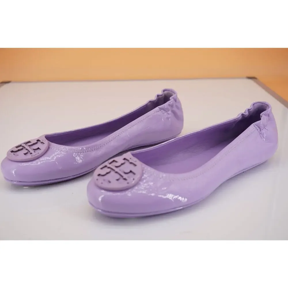 Tory Burch Minnie Purple Patent Leather Travel Ballet Flats SZ 7 Reva Logo $225